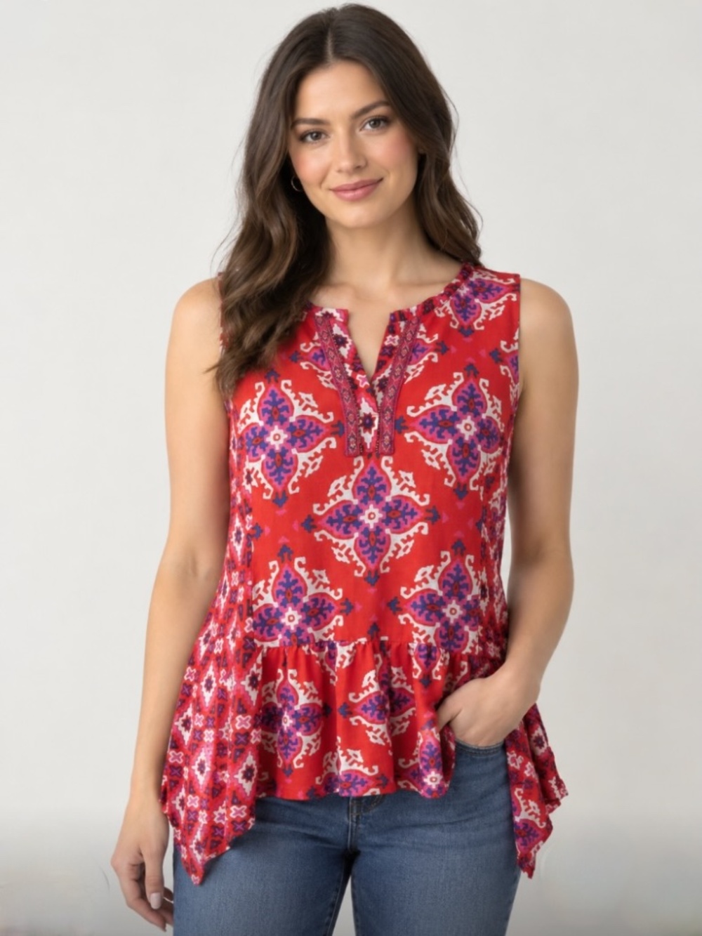 Akemi & Kin Anthropologie Boho Top M Red Pink Blue Knit Sleeveless Asymmetrical